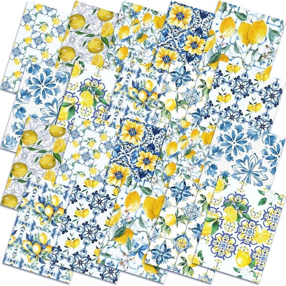 10 Pcs Quilted Fabric Bundle - Lemon Chinoiserie Floral Pattern, Multicolor, 18x - Picture 1 of 6